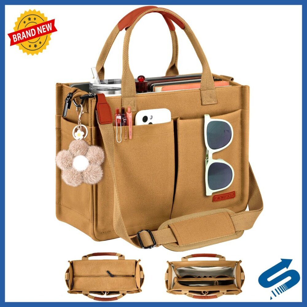 Canvas Tote Bag with Multiple Compartments Zipper Top Luggage Sleeve Travel